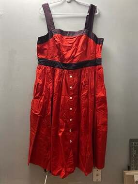 eShakti Red and Black Colorblock Cotton Poplin Button-Front Midi Dress